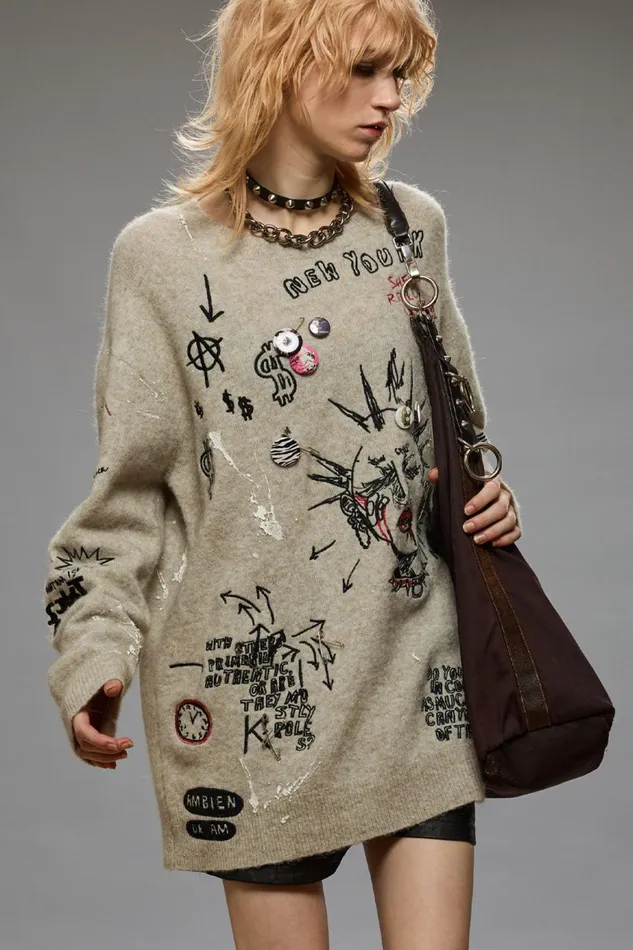 R13 Sweaters Women EMBROIDERED BOYFRIEND SWEATER 8211 OATMEAL