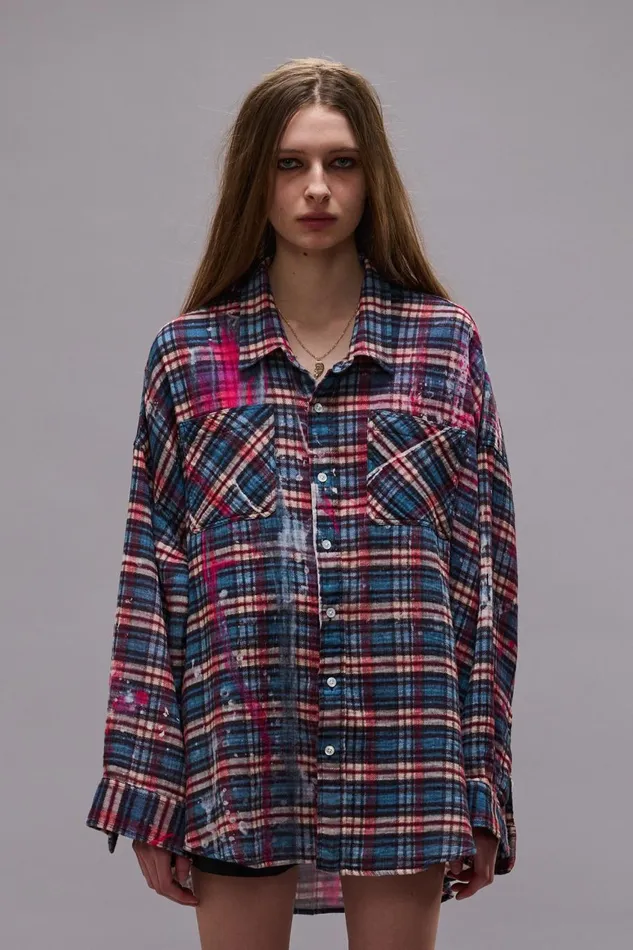 R13 Tops Women DROP NECK WORKSHIRT 8211 BLUE PLAID WITH PAINT DRIPS