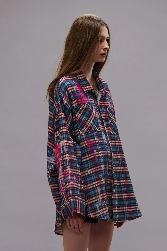 R13 Tops Women DROP NECK WORKSHIRT 8211 BLUE PLAID WITH PAINT DRIPS