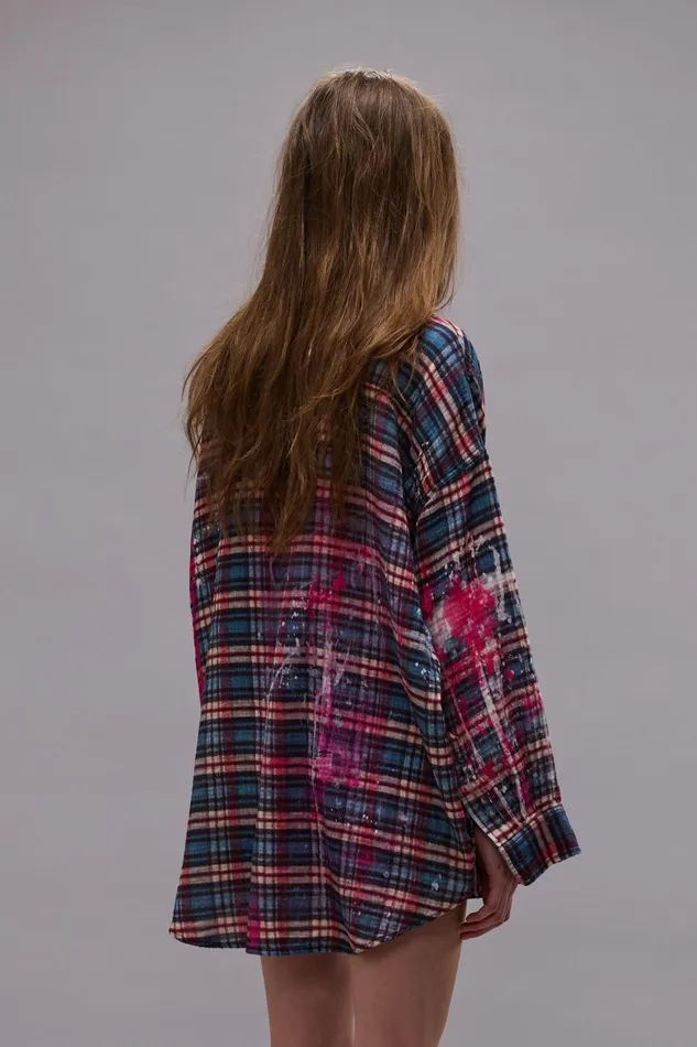 R13 Tops Women DROP NECK WORKSHIRT 8211 BLUE PLAID WITH PAINT DRIPS