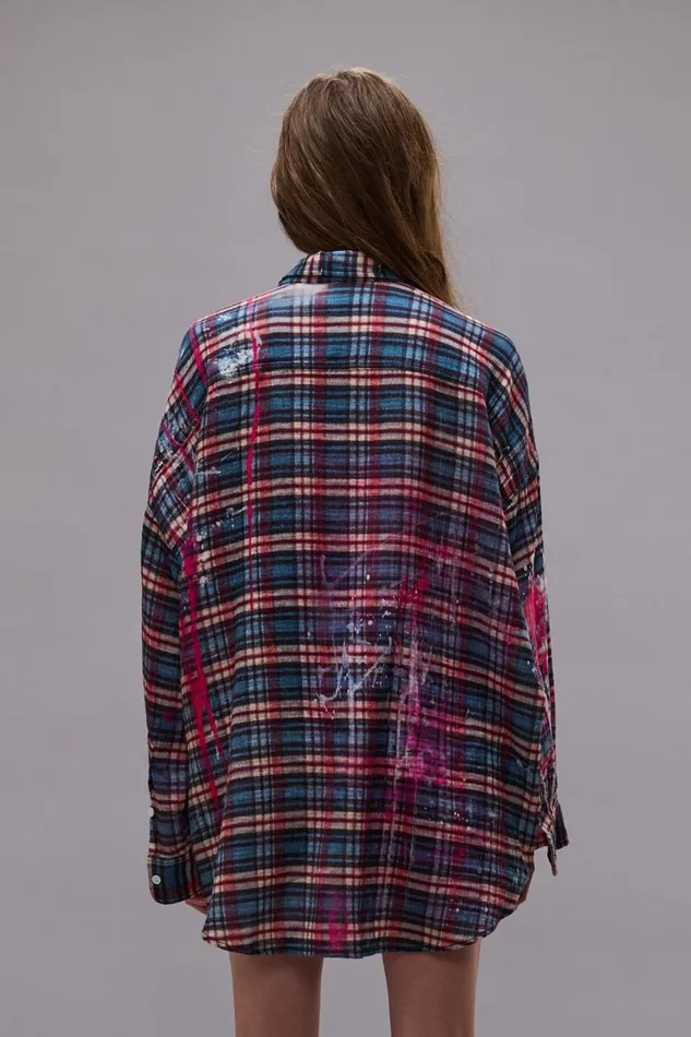 R13 Tops Women DROP NECK WORKSHIRT 8211 BLUE PLAID WITH PAINT DRIPS