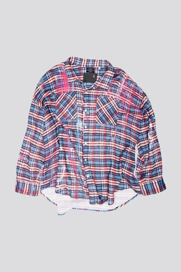 R13 Tops Women DROP NECK WORKSHIRT 8211 BLUE PLAID WITH PAINT DRIPS