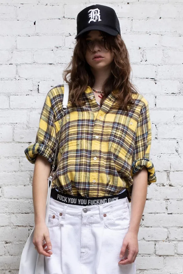 R13 Tops Women Plaid Oversized Boxy Shirtdress 8211 Yellow Plaid Denim