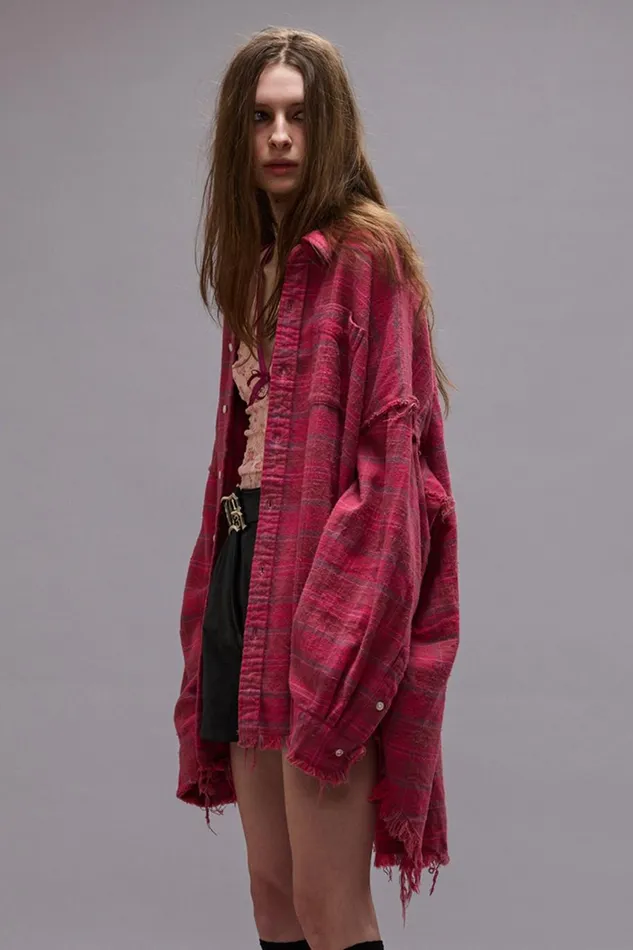 R13 Tops Women SHREDDED SEAM DROP NECK SHIRT 8211 RASPBERRY OVERDYED PLAID