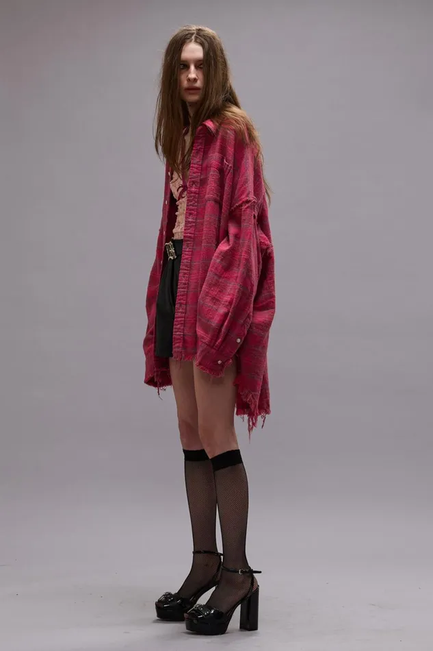 R13 Tops Women SHREDDED SEAM DROP NECK SHIRT 8211 RASPBERRY OVERDYED PLAID