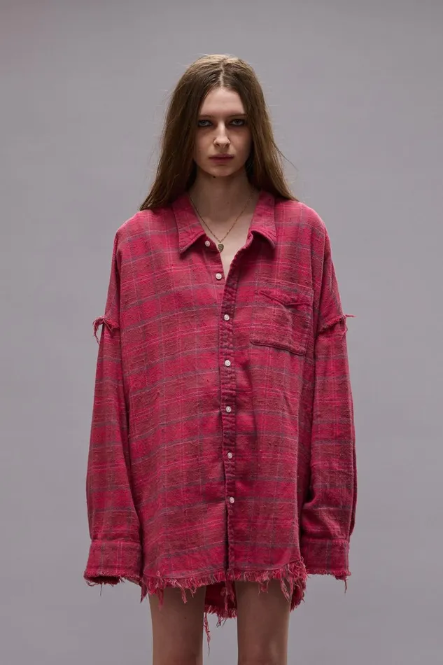 R13 Tops Women SHREDDED SEAM DROP NECK SHIRT 8211 RASPBERRY OVERDYED PLAID