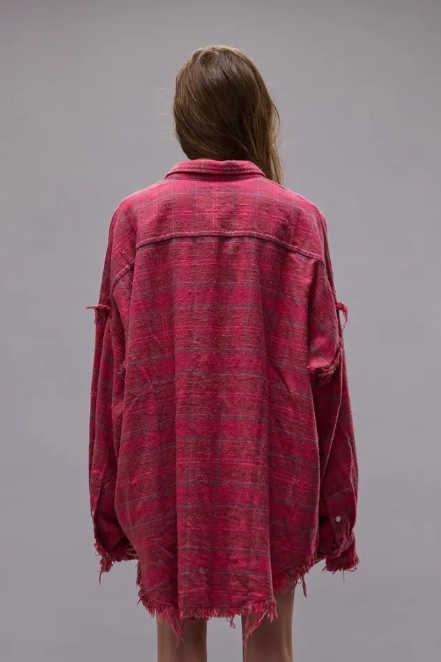 R13 Tops Women SHREDDED SEAM DROP NECK SHIRT 8211 RASPBERRY OVERDYED PLAID
