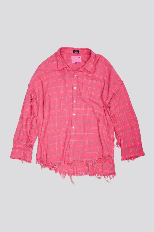 R13 Tops Women SHREDDED SEAM DROP NECK SHIRT 8211 RASPBERRY OVERDYED PLAID