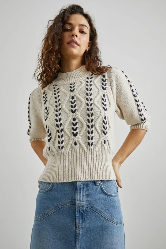 Rails Sweaters Women ADDY SWEATER Oatmeal Navy Cables