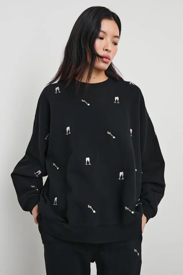 Rails Sweaters Women THE VARSITY SWEATSHIRT Black Champagne Embroidery