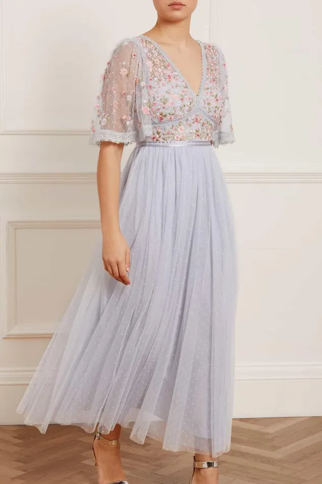 Ribbon Bouquet Bodice Ankle Gown Blue Women Needle and Thread Dresses