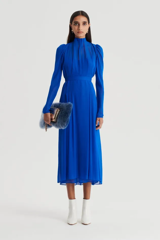 Scanlan Theodore Dresses Women SILK GEORGETTE GATHER NECK DRESS COBALT