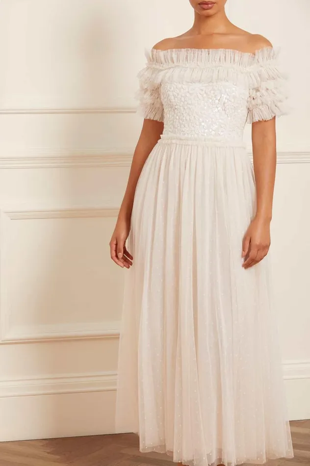 Sequin Wreath Bodice OffShoulder Ankle Gown Champagne Women Needle and Thread Dresses