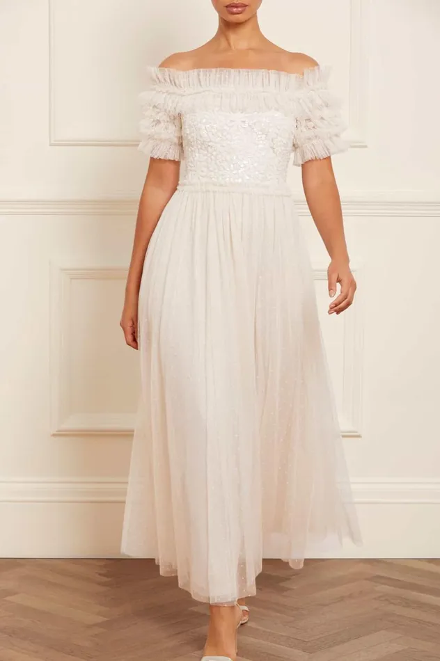 Sequin Wreath Bodice OffShoulder Ankle Gown Champagne Women Needle and Thread Dresses