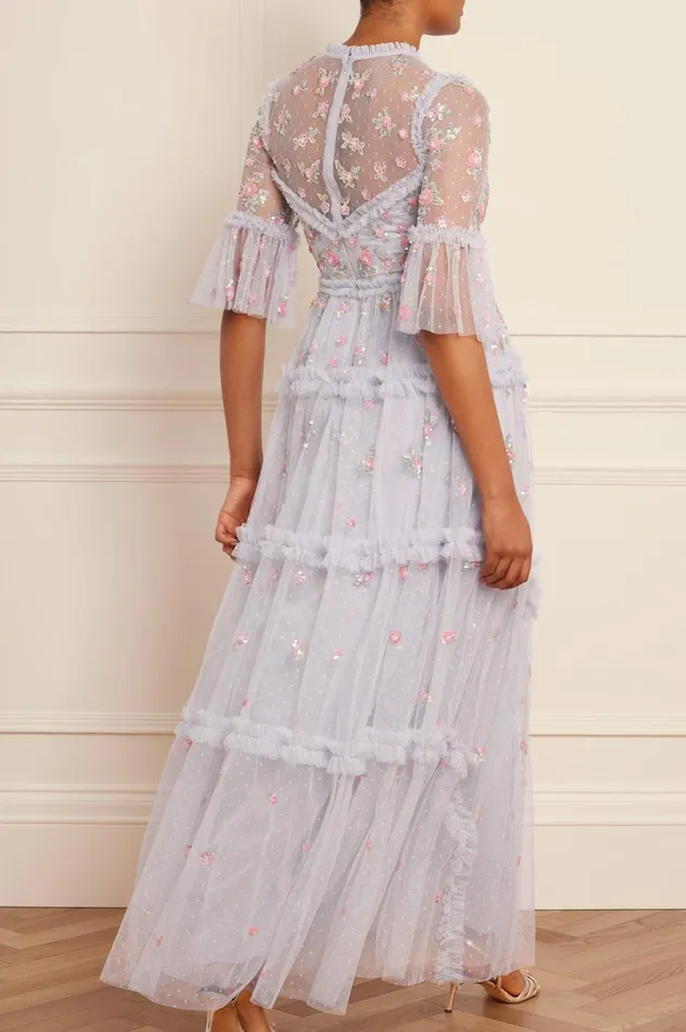 Shimmer Ditsy Long Sleeve Gown Blue Women Needle and Thread Dresses