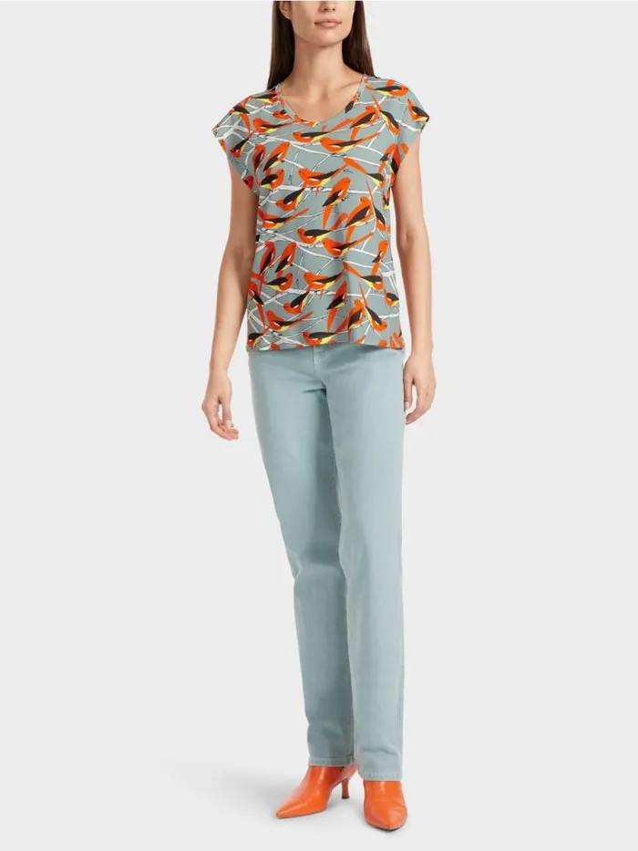 Shirts and Tops Damen Marc Cain rmelloses TShirt Im VogelDessin Dark Sky Blue