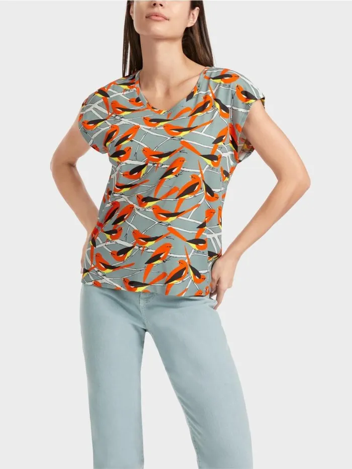 Shirts and Tops Damen Marc Cain rmelloses TShirt Im VogelDessin Dark Sky Blue