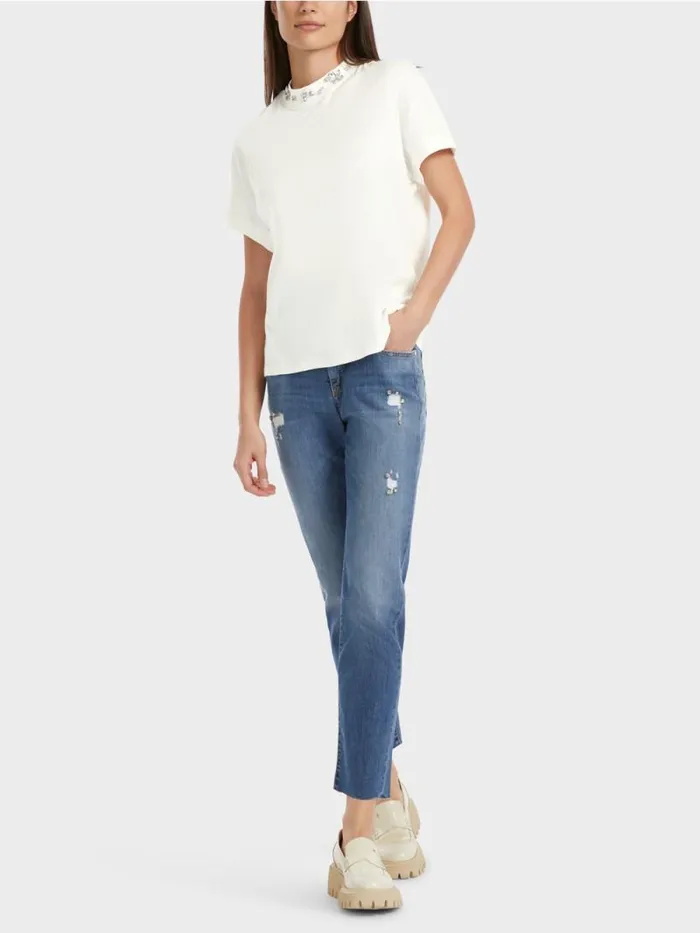 Shirts and Tops Damen Marc Cain TShirt Mit Perlenbesetztem Kragen Offwhite