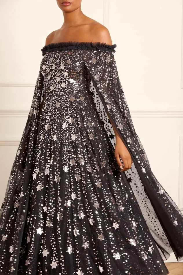 Shooting Stars Cape Ankle Gown Black Women Needle and Thread Dresses