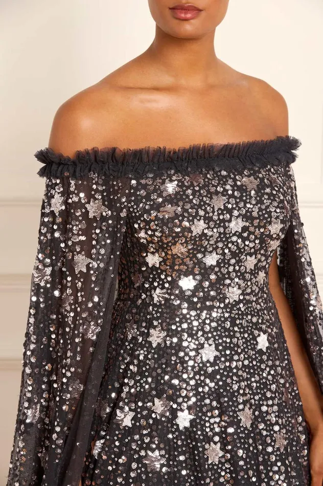 Shooting Stars Cape Ankle Gown Black Women Needle and Thread Dresses