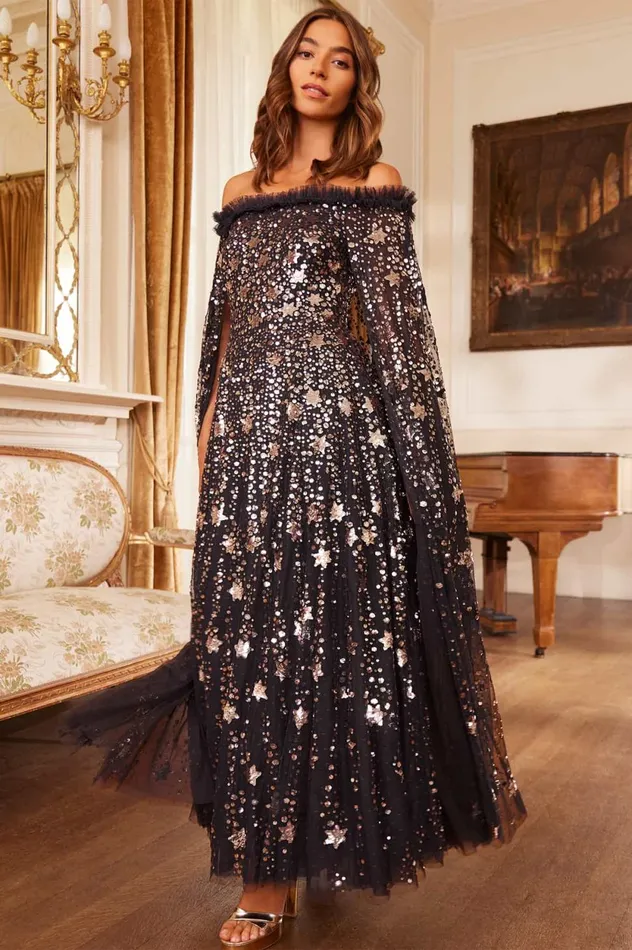Shooting Stars Cape Ankle Gown Black Women Needle and Thread Dresses