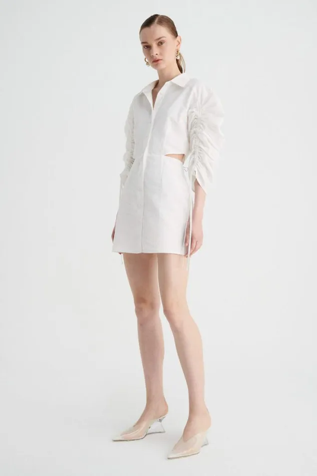 Shop SUBOO Dresses Bentley Gathered Box Sleeve Mini Shirt Dress 8211 White