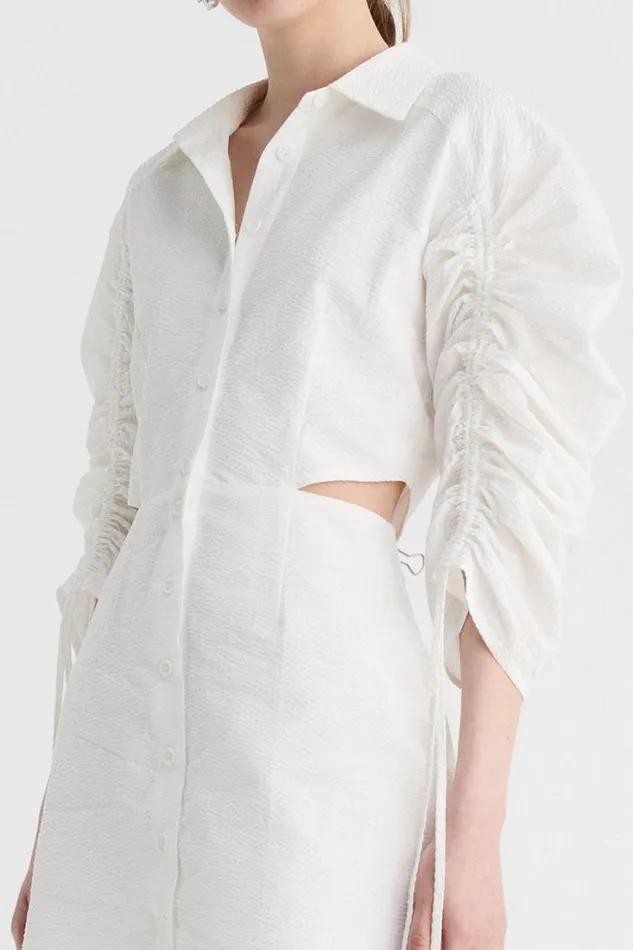 Shop SUBOO Dresses Bentley Gathered Box Sleeve Mini Shirt Dress 8211 White