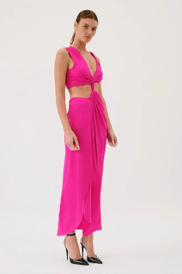 Shop SUBOO Dresses Garnet Sleeveless Rouched Cross Over Midi Dress 8211 Pink
