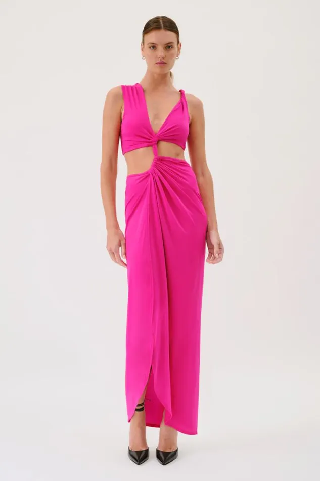 Shop SUBOO Dresses Garnet Sleeveless Rouched Cross Over Midi Dress 8211 Pink