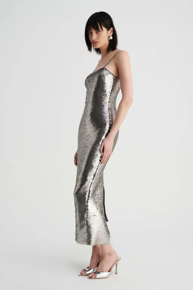 Shop SUBOO Dresses Luna Strappy Midi Column Dress 8211 Silver