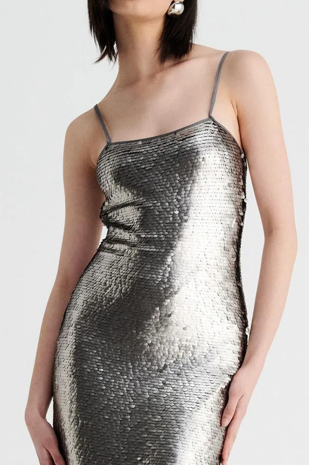Shop SUBOO Dresses Luna Strappy Midi Column Dress 8211 Silver