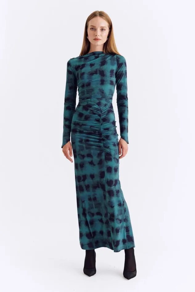 Shop SUBOO Dresses Shibori Long Sleeve Ruched Maxi Dress 8211 Green