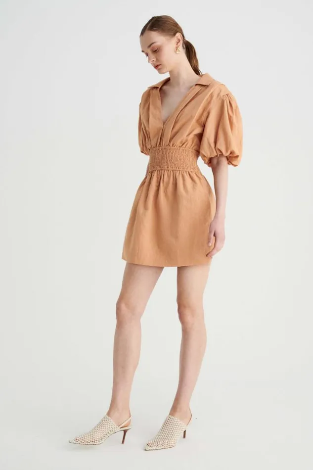 Shop SUBOO Dresses Skylar Shirred Waist Mini Dress 8211 Tan