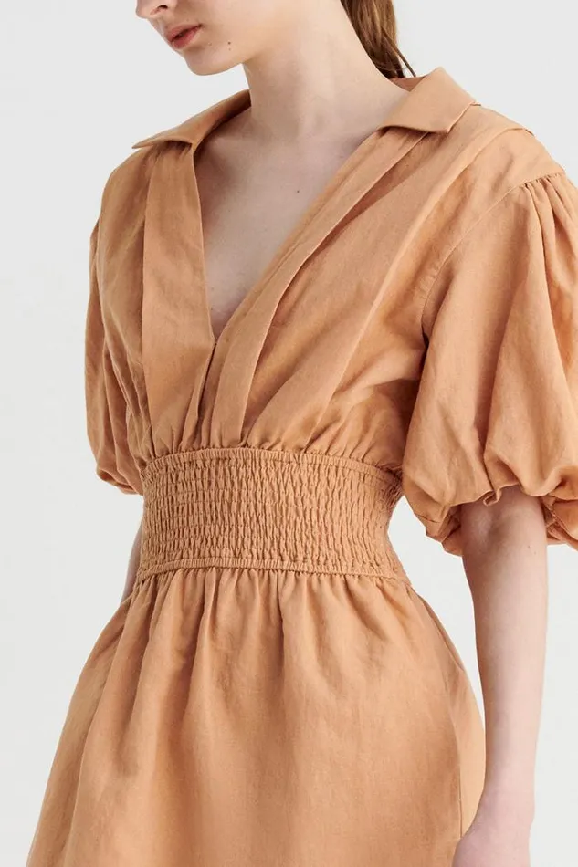 Shop SUBOO Dresses Skylar Shirred Waist Mini Dress 8211 Tan