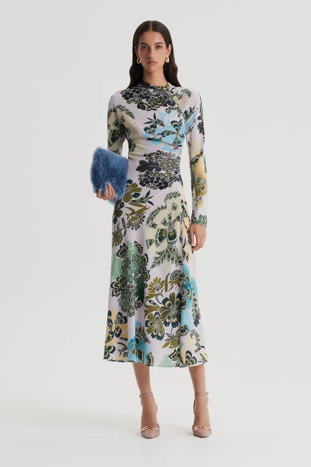 SILK PRINT GATHER DRESS PALEGREY Dresses Scanlan Theodore Women