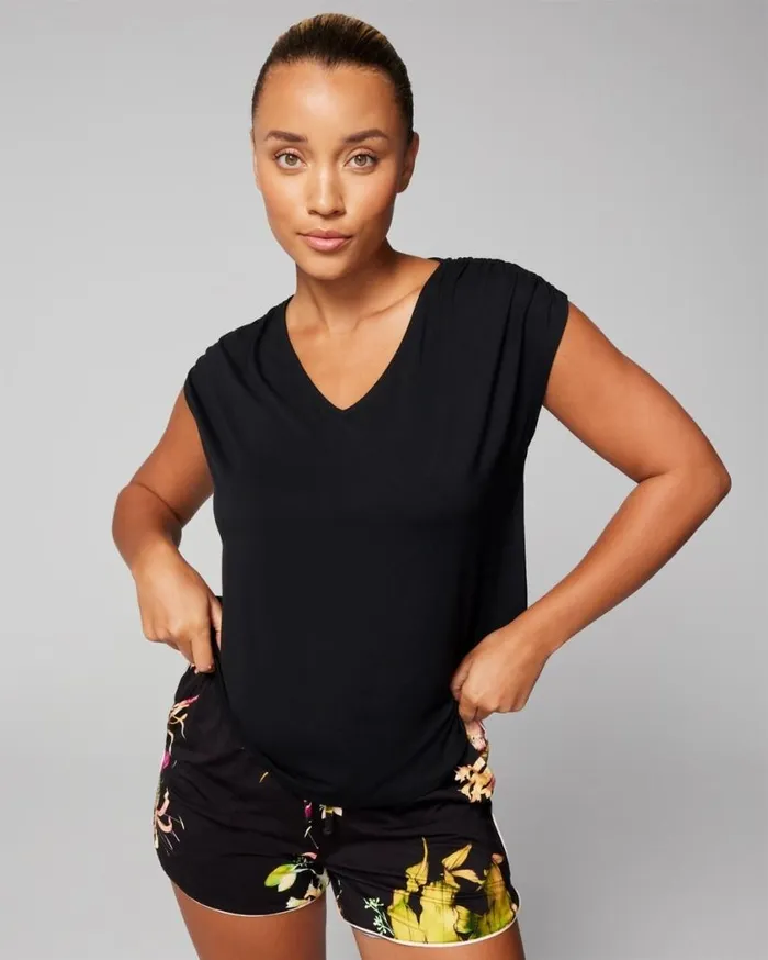 Soma Cool Nights Rouched ShortSleeve Tee Black Women Matching Sets and Separates