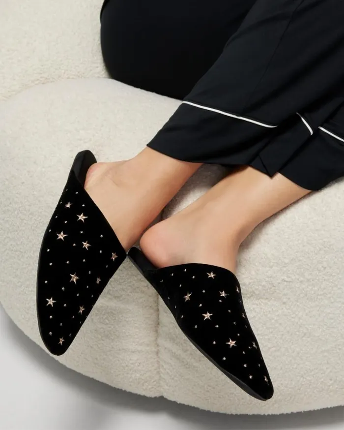 Soma Velvety Embroidered Slippers Black Women Slippers and Accessories
