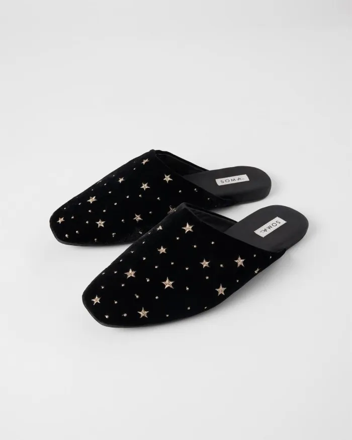 Soma Velvety Embroidered Slippers Black Women Slippers and Accessories