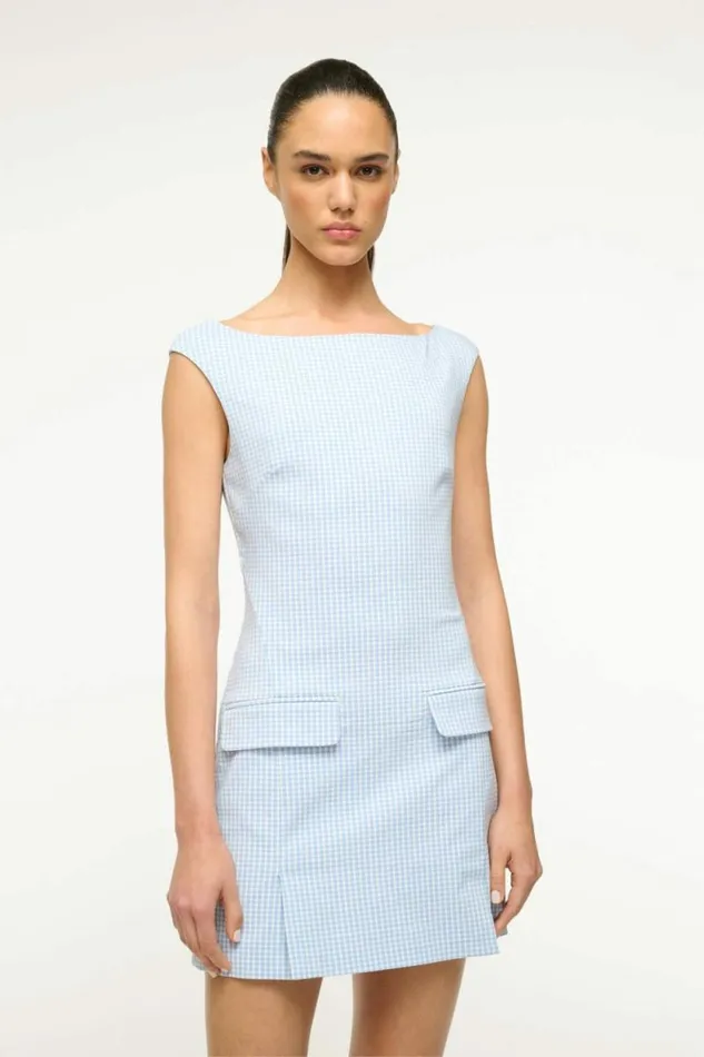 STAUD Dresses WALKER DRESS Sky Micro Check 8211 Women STAUD Dresses WALKER DRESS Sky Micro Check 8211 Women