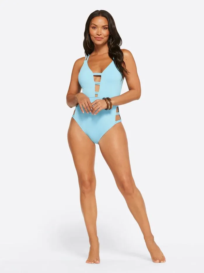 Swim Clothing Jessica Simpson Textured Solids Plunge One Piece In Sky