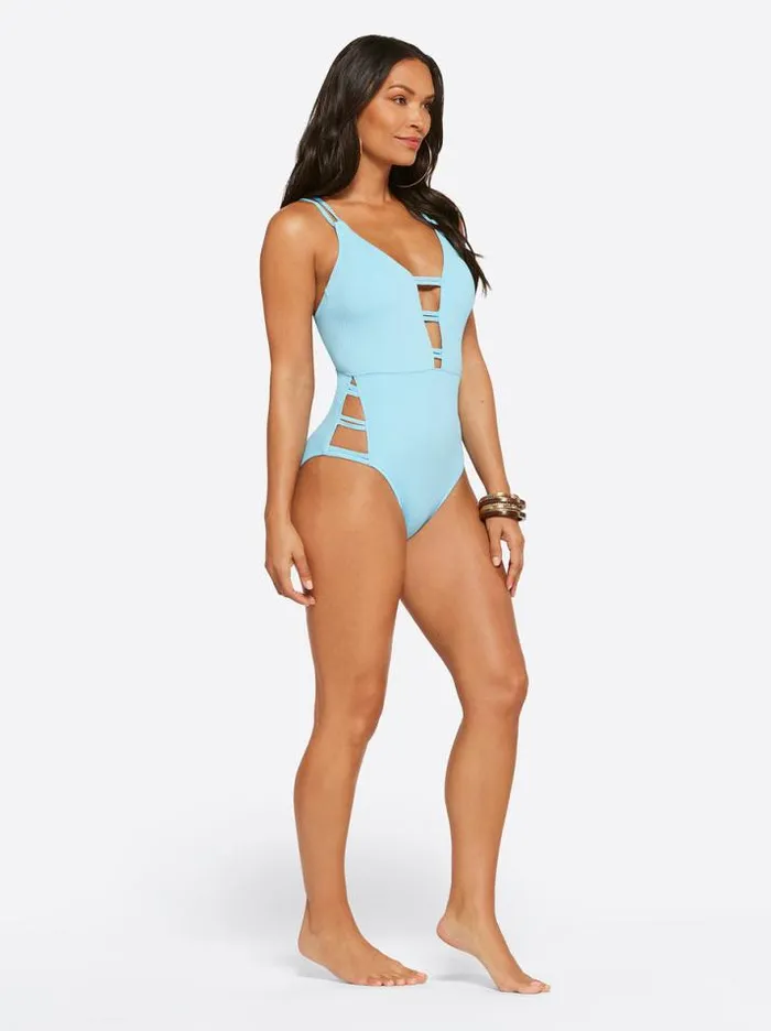 Swim Clothing Jessica Simpson Textured Solids Plunge One Piece In Sky