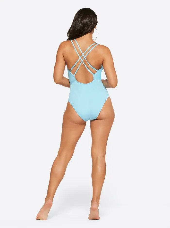 Swim Clothing Jessica Simpson Textured Solids Plunge One Piece In Sky