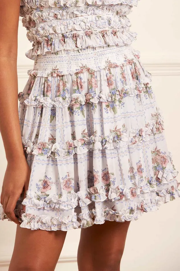 Tiled Blooms Chiffon Smocked Micro Mini Skirt Multi Women Needle and Thread Skirts