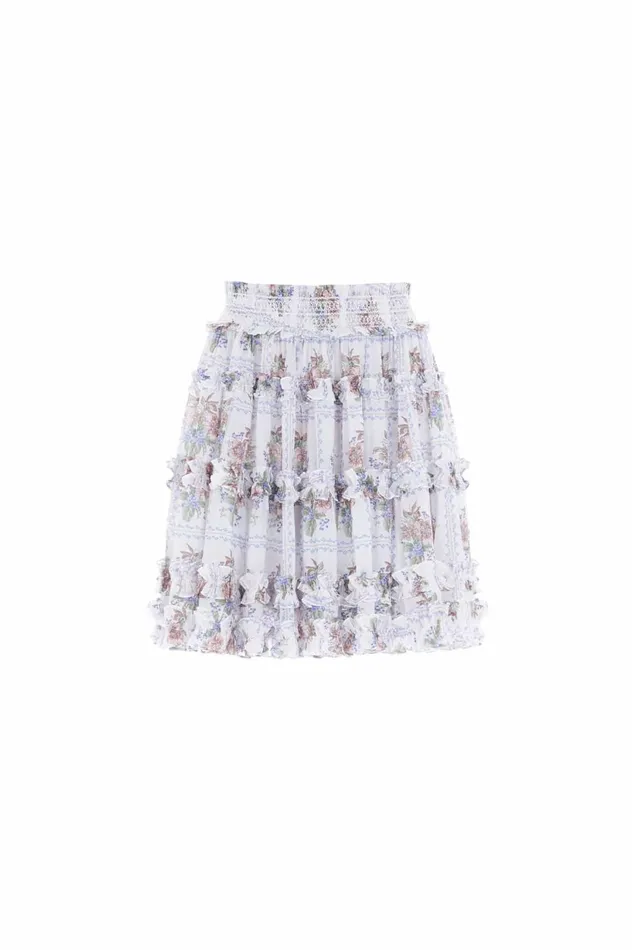 Tiled Blooms Chiffon Smocked Micro Mini Skirt Multi Women Needle and Thread Skirts