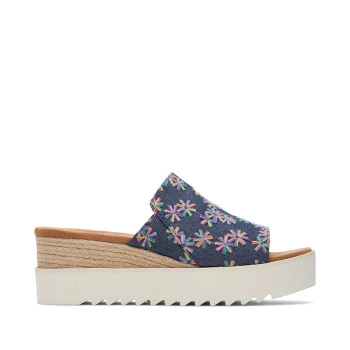Toms Espadrilles Diana Mule Wedge Sandal Navy Embroidered Floral 8211 Women