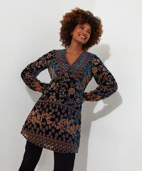 Tops Tunics and Blouses Apparel Destiny Devore Tunic Midnight Blue Joebrowns