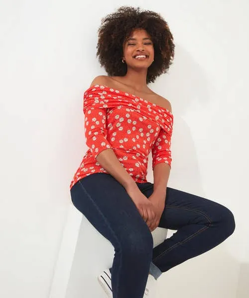 Tops Tunics and Blouses Apparel Ditsy Daisy Bardot Jersey Top Red Joebrowns