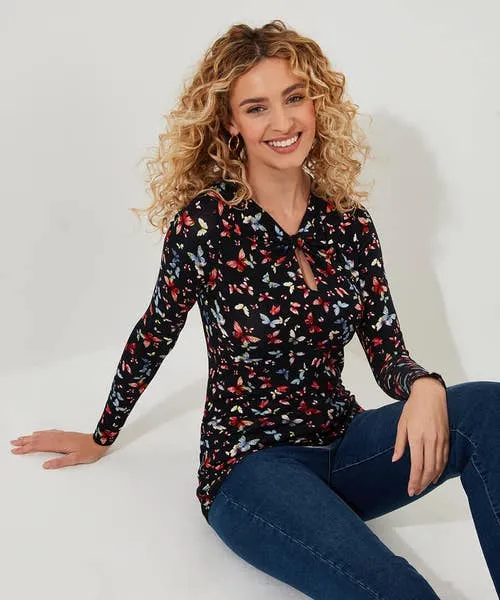 Tops Tunics and Blouses Make A Statement Keyhole Jersey Print Top Black Joebrowns Apparel