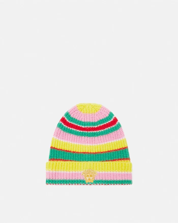 Versace Bags and Accessories Kids Striped CableKnit Beanie Print