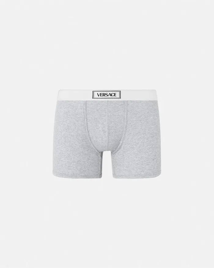 Versace Boxers Men 90s Vintage Logo Ribbed Long Trunks Gray
